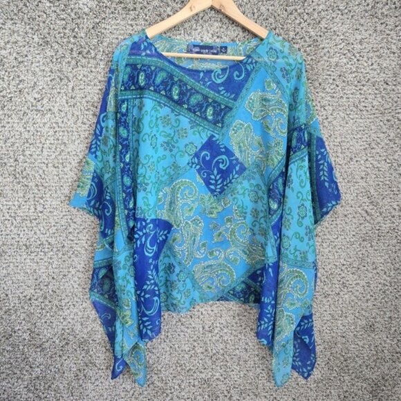 Susan Graver Top Womens XL Blue Paisley Print Blouse Sheer Poncho Casual Ladies - Picture 1 of 7